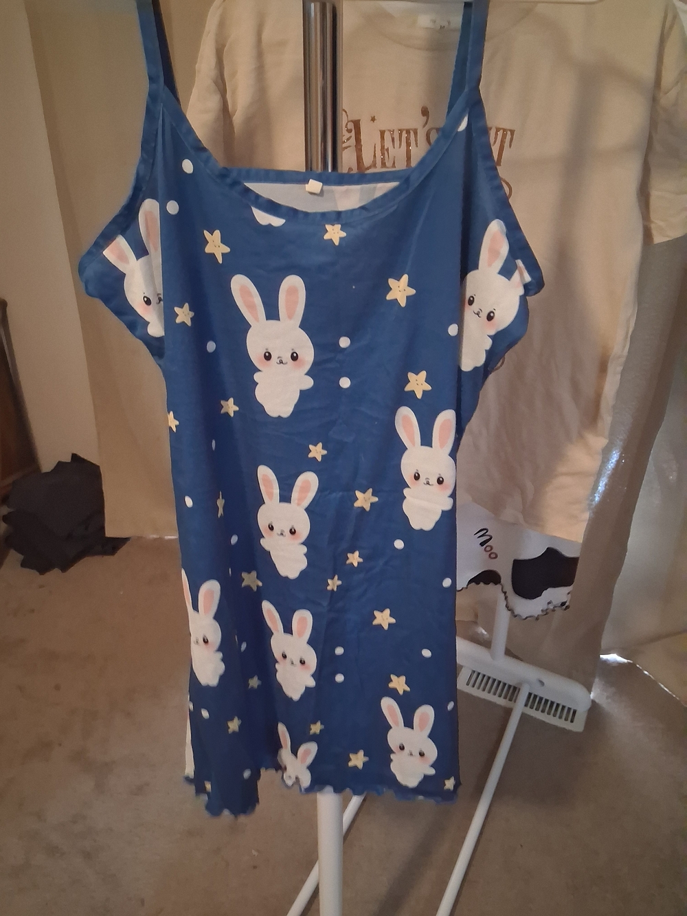 Playful Bunny Print Blue Spaghetti-Strap Chemise